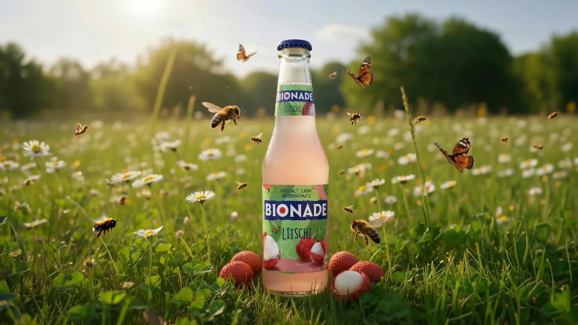 Bionade Litschi auf der Wiese, umgeben von Bienen.